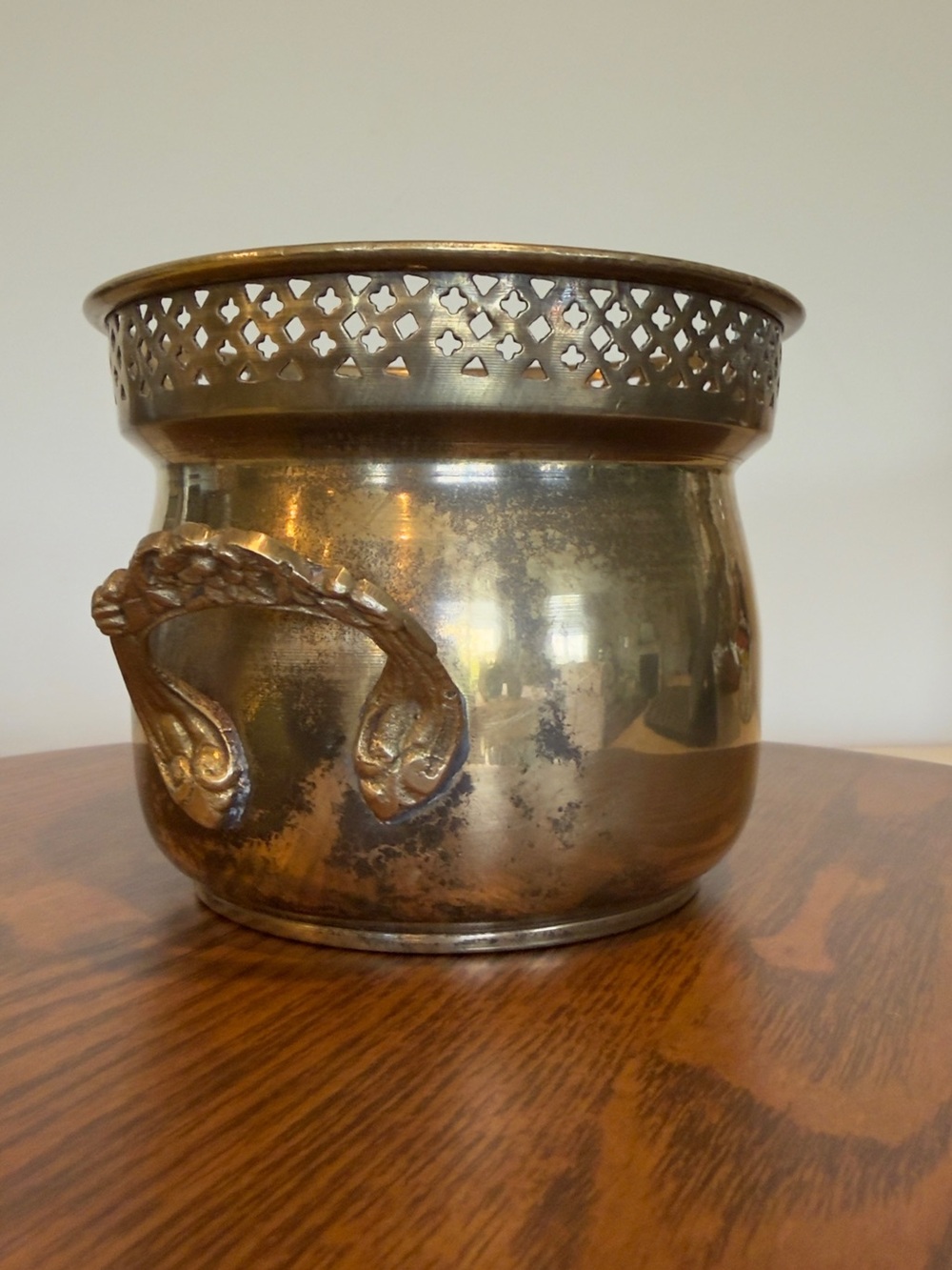 Vintage Brass Planter with Floral Handles and Lattice Punched Rim